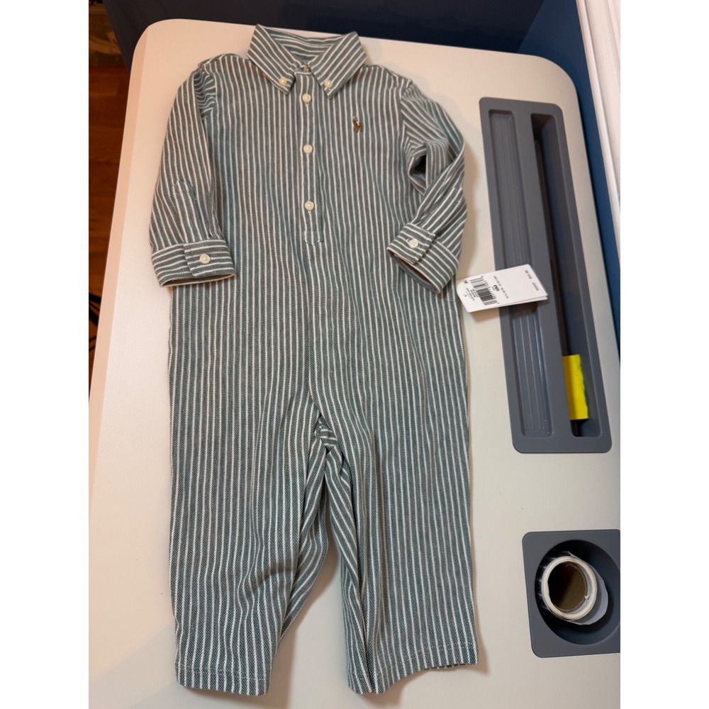 Ralph Lauren Coverall Kids 9M Green Striped Long Sleeve Button Front Romper
